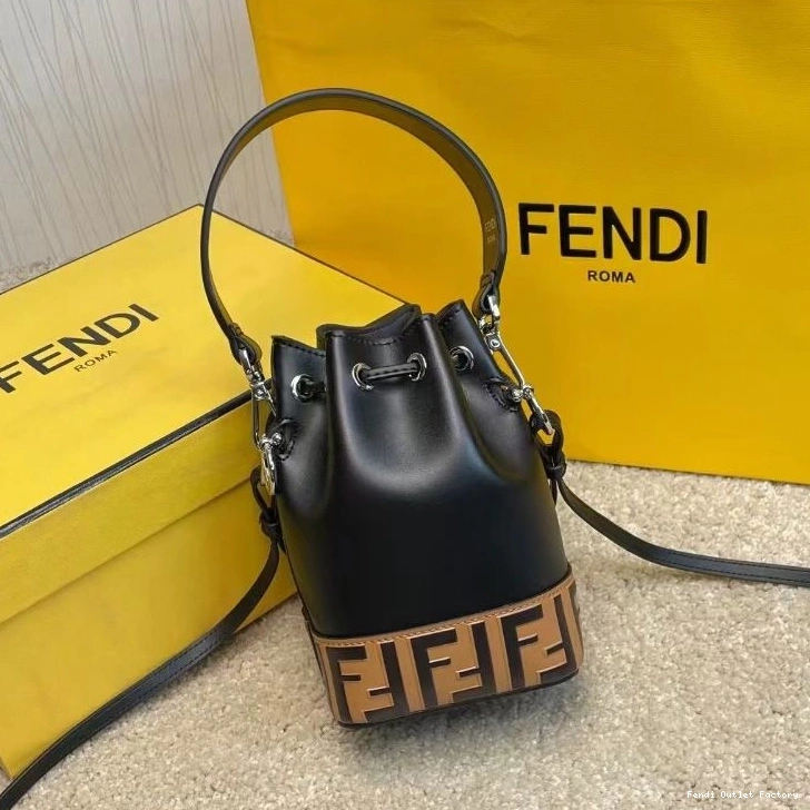 Affordable HOT Bag Tresor Fendi FF Black Leather In Motif Mini Bucket Mon Brown Calf 0820